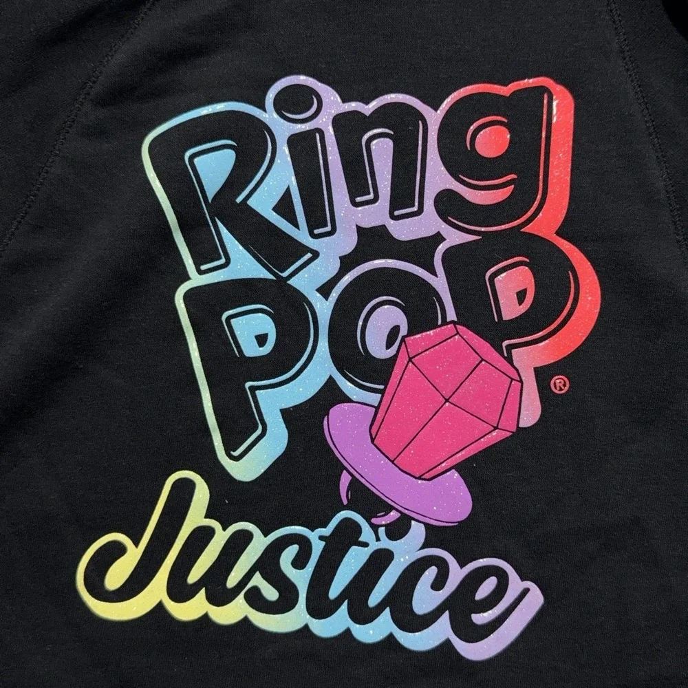 Justice Ring Pop Black Fleece Crop Hoodie Girls S 7-8 Sweatshirt Bazooka Candy
